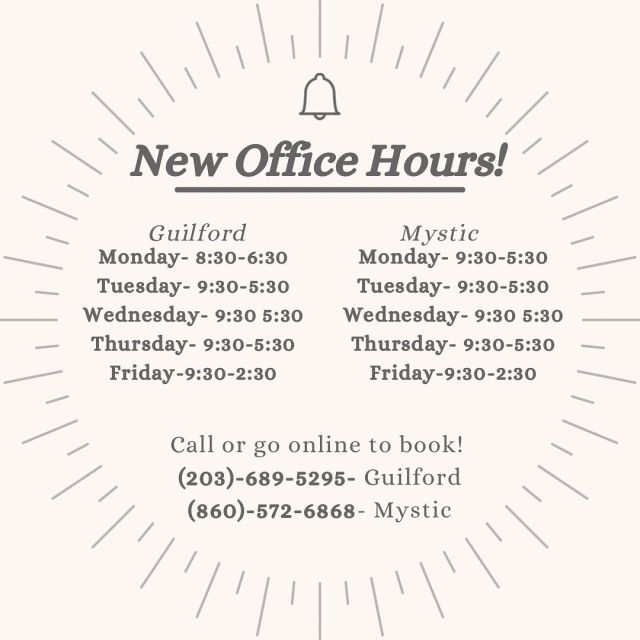 We are excited to announce extended hours in our Guilford office on Mondays! Dr. Collins will be doing surgical consults from 9:30am until 6pm in Guilford on Mondays. We are accepting medspa, post op, and pre op appointments from 8:30-6:30 in Guilford on Mondays with the other providers!